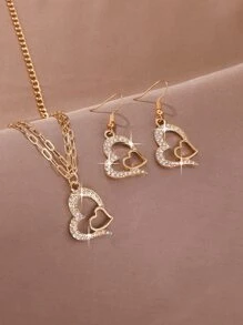 3pcs/set Double Chain Women's Heart Shaped Rhinestone Necklace Set - Gold - View 3