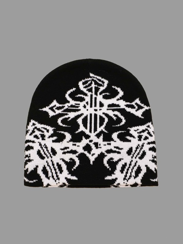 1 pieza Gorro de punto para hombre con patrón geométrico y detalles, de unicolor y adecuado para el uso diario en la calle
