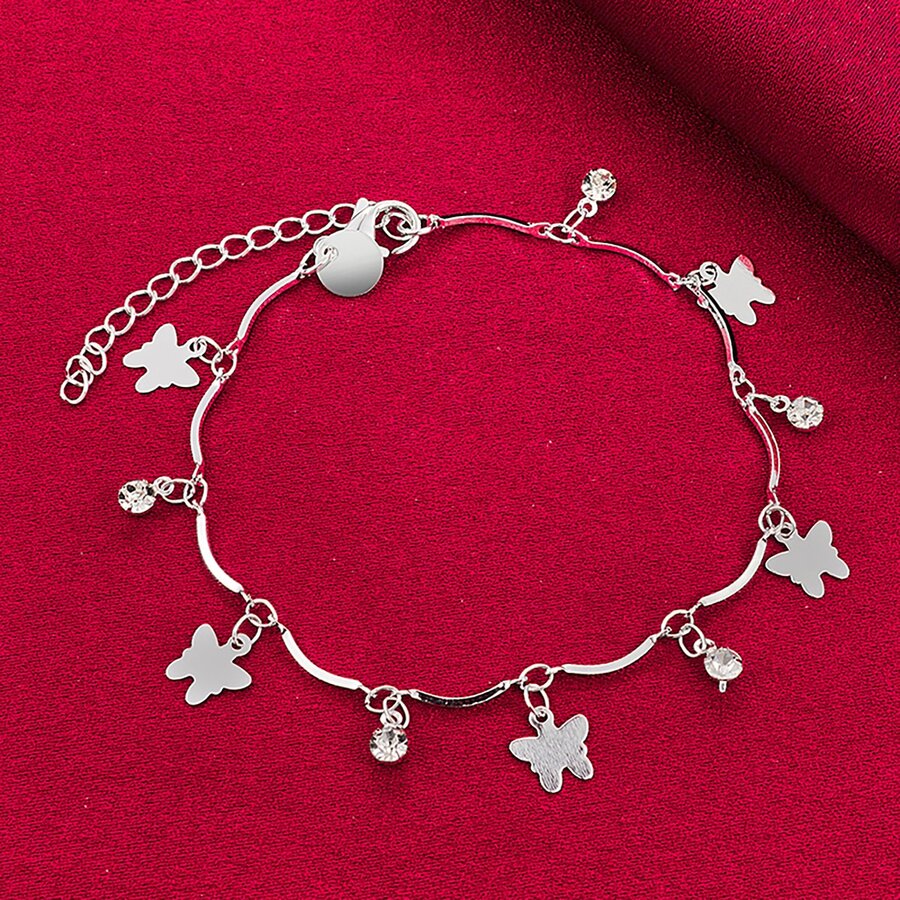 Pulseira com corrente em prata de lei 925 banhada a borboleta e zircônias AAA. - Prata - Ver 1
