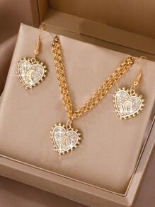 3入組女性創意愛心和鑲有鑽石的珠寶套裝 - 金色 - 查看 1