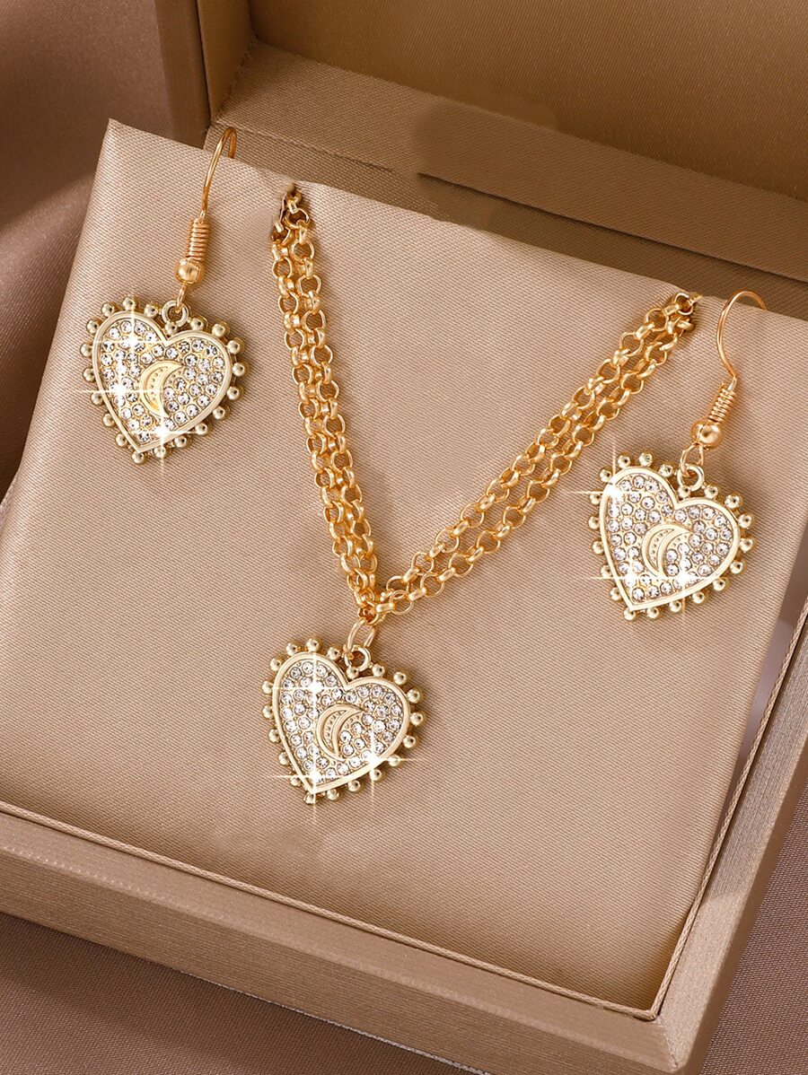3入組女性創意愛心和鑲有鑽石的珠寶套裝 - 金色 - 查看 1