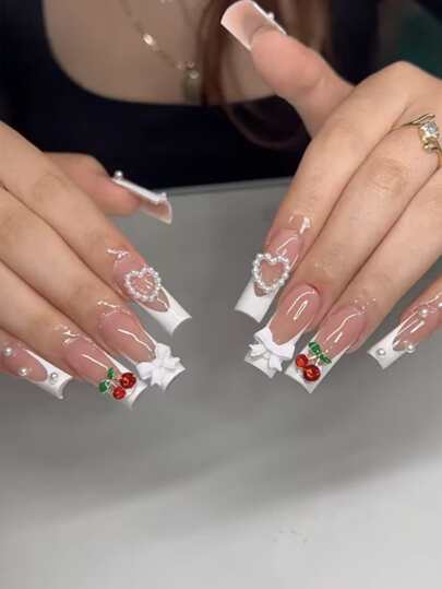 24 piezas Uñas postizas en forma de ataúd con estética Y2K, gradiente francés, strass en forma de moño, perlas, cobertura completa larga para mujeres y niñas, suministros para uñas