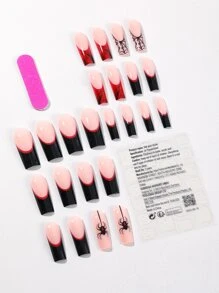 萬聖節 24入組黑色棺材形假指甲，帶蜘蛛和法式尖頭設計 - 彩色 - 查看 3