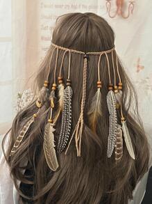 1 PC Beige Color Boho Feather Headband Bohemian Headband Feather Headpiece Feather Hair Jewelry Festival Headpiece Bohemian Feather Extension Boho Headpiece For Women Tiaras Turban Headband Sweatband, School Stuff, College, Headbands Fall Winter Hair Band Hair Accessories For Women For Vacation Outfits Woman Elegant Scarf Women Bandanas Soft Headwrap - Beige - View 5