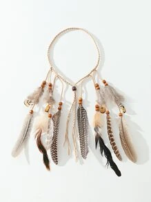 1 PC Beige Color Boho Feather Headband Bohemian Headband Feather Headpiece Feather Hair Jewelry Festival Headpiece Bohemian Feather Extension Boho Headpiece For Women Tiaras Turban Headband Sweatband, School Stuff, College, Headbands Fall Winter Hair Band Hair Accessories For Women For Vacation Outfits Woman Elegant Scarf Women Bandanas Soft Headwrap - Beige - View 2