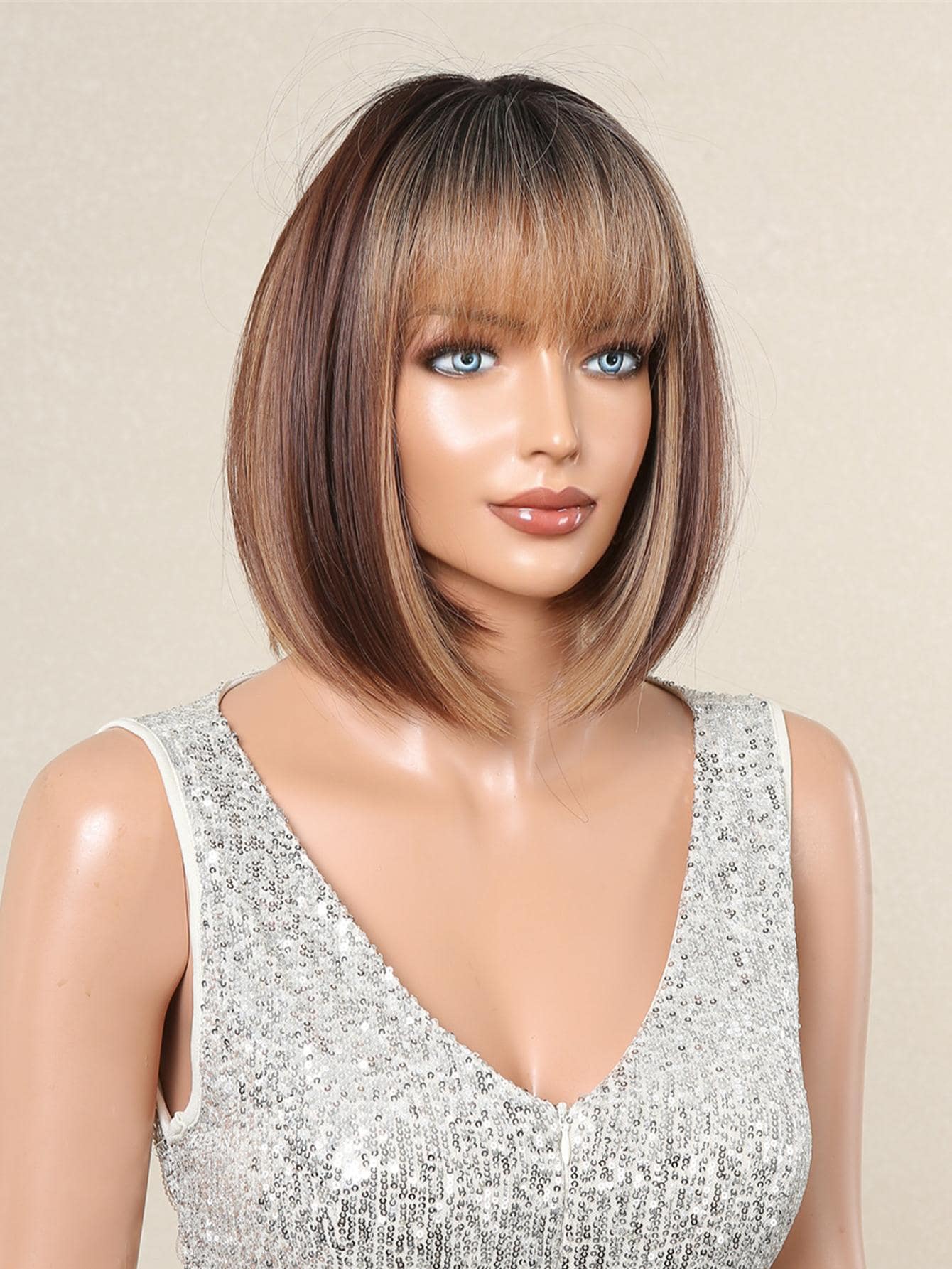 Short Bob Straight Hair With Bangs Dip Dye Brown To Light Brown Color brown-puppy-breeds