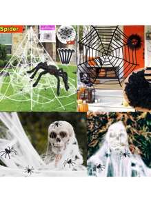 1 件超大万圣节蜘蛛网装饰，黑/白蜘蛛网带桩，适用于室内/室外万圣节装饰，幽灵鬼屋派对道具恐怖场景设置，还包括 1 件毛绒黑蜘蛛 - 白色 - 查看 4