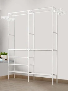 1pc Double Pole Multi-layer Assembly Clothes Hanger With Hook & Wheels For Indoor & Balcony, All Season Home Use - trắng - Xem 2