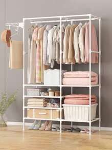 1pc Double Pole Multi-layer Assembly Clothes Hanger With Hook & Wheels For Indoor & Balcony, All Season Home Use - trắng - Xem 3