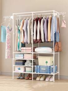 1pc Double Pole Multi-layer Assembly Clothes Hanger With Hook & Wheels For Indoor & Balcony, All Season Home Use - trắng - Xem 4