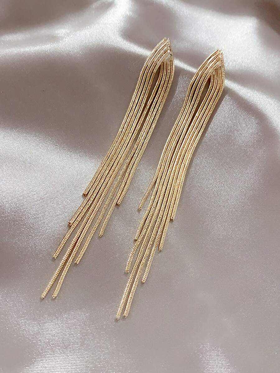 1 Pair Stylish Geometric Metal Chain Tassel Long Earrings, 2 Designs Randomly Sent - Yellow Gold - View 1