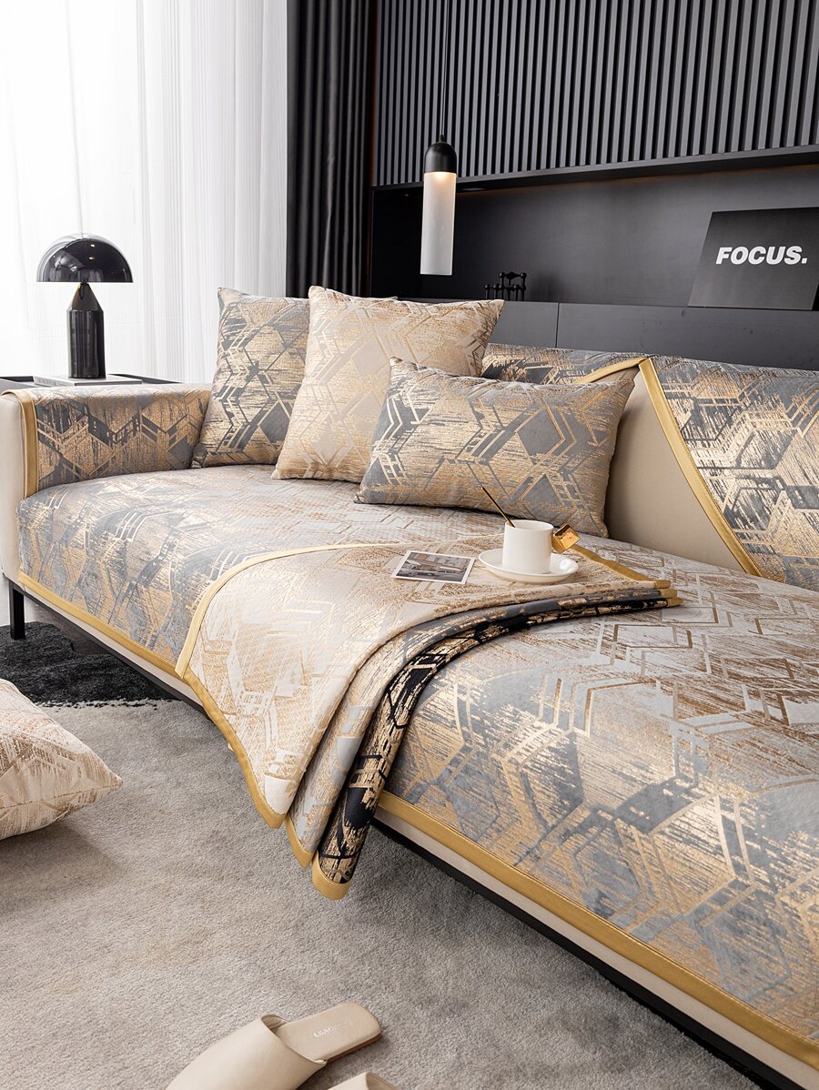 1 件高档雪尼尔压花四季通用沙发垫，金色印花，防滑宠物友好型、防污防尘沙发套，欧式宫廷风格防刮沙发保护套，适用于客厅 L 型组合沙发和 1/2/3/4 座沙发 - 灰色 - 查看 1