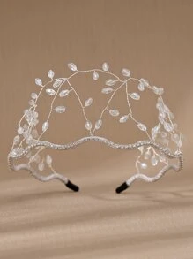 Fashionable Hairband With Faux Crystal Beads And Hair Net, White Beaded Royal,Hairband,Hair Hoop Headbands Hair Accessories - Silver - View 2