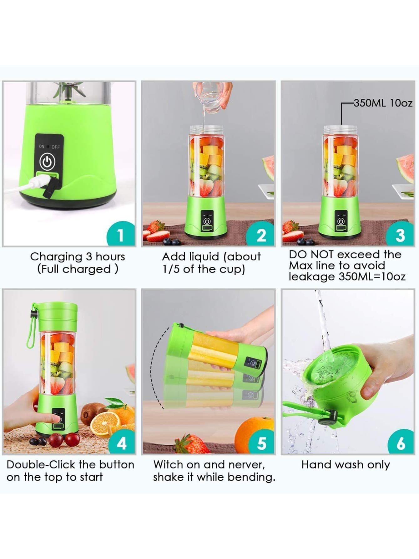 綠色380ml電動便攜式攪拌機，帶可充電電池，廚房果蔬攪拌機，攜帶式果汁機和搗拌機，適用於榨汁和檸檬 - 綠色 - 查看 1