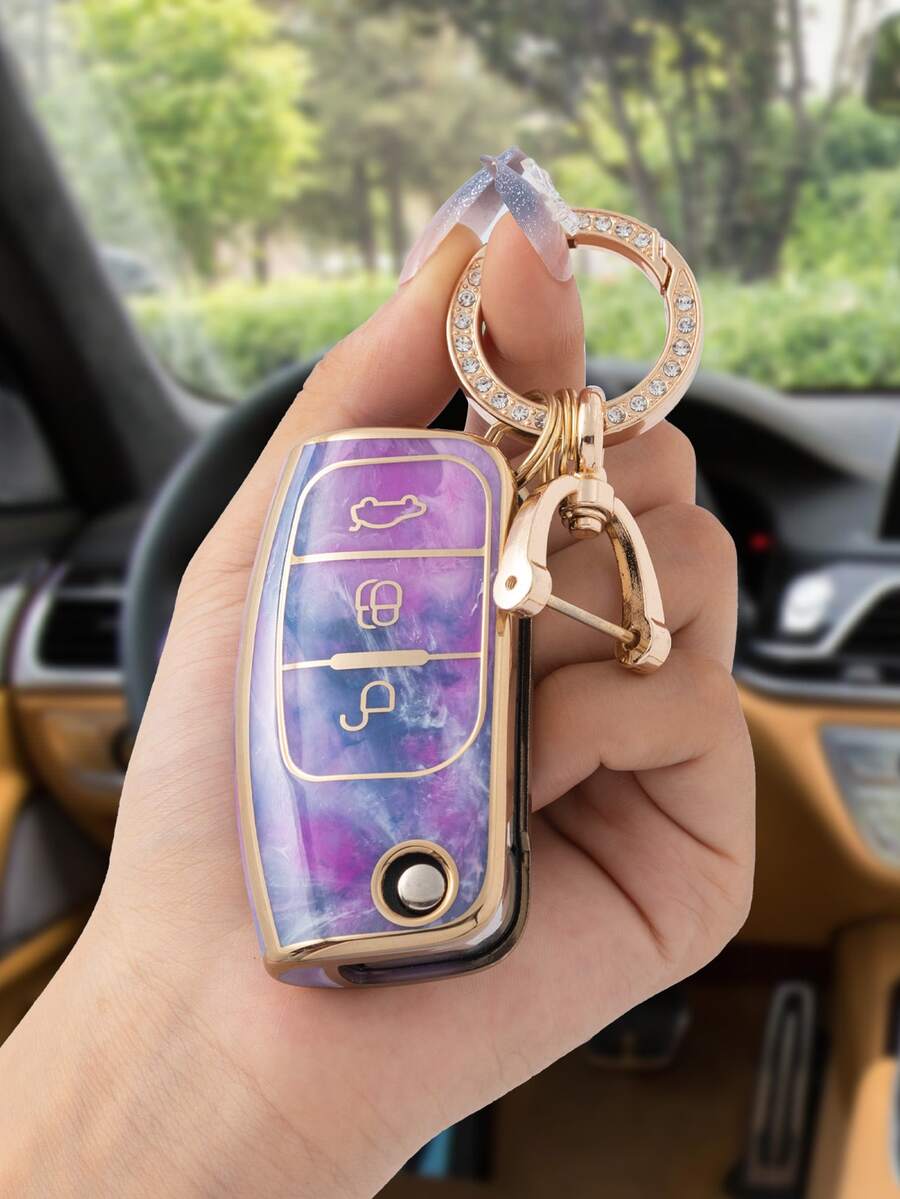 3pcs/set Tpu Key Shell Protective Cover And Keychain, Compatible With Ford 3-button Folding Car Key - Multicolor - View 1