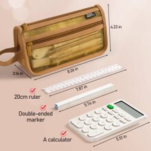 Grid Mesh Pencil Case with Handle and Zipper, Clear Double-layer Pencil Pouch Marker Pouch, Travel Makeup Bag, Cute Transparent Organizer Pen Bag for Adult Office College - 棕色 - 查看 5