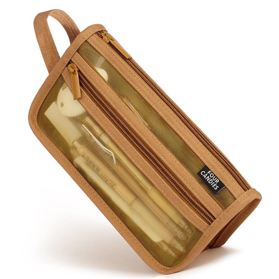 Grid Mesh Pencil Case with Handle and Zipper, Clear Double-layer Pencil Pouch Marker Pouch, Travel Makeup Bag, Cute Transparent Organizer Pen Bag for Adult Office College - 棕色 - 查看 1