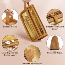Grid Mesh Pencil Case with Handle and Zipper, Clear Double-layer Pencil Pouch Marker Pouch, Travel Makeup Bag, Cute Transparent Organizer Pen Bag for Adult Office College - 棕色 - 查看 2
