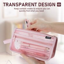 Grid Mesh Pencil Case with Handle and Zipper, Clear Double-layer Pencil Pouch Marker Pouch, Travel Makeup Bag, Cute Transparent Organizer Pen Bag for Adult Office College - 棕色 - 查看 4