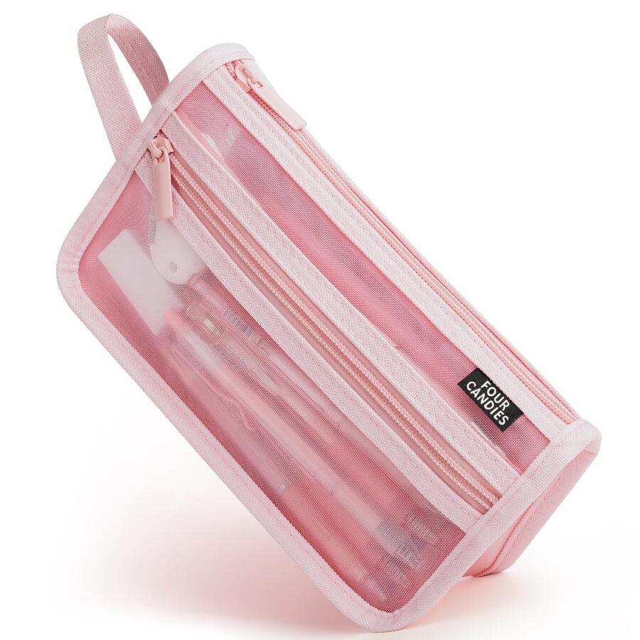 Grid Mesh Pencil Case with Handle and Zipper, Clear Double-layer Pencil Pouch Marker Pouch, Travel Makeup Bag, Cute Transparent Organizer Pen Bag for Adult Office College - 粉色 - 查看 1