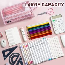 Grid Mesh Pencil Case with Handle and Zipper, Clear Double-layer Pencil Pouch Marker Pouch, Travel Makeup Bag, Cute Transparent Organizer Pen Bag for Adult Office College - 粉色 - 查看 3