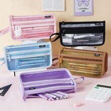 Grid Mesh Pencil Case with Handle and Zipper, Clear Double-layer Pencil Pouch Marker Pouch, Travel Makeup Bag, Cute Transparent Organizer Pen Bag for Adult Office College - 粉色 - 查看 8