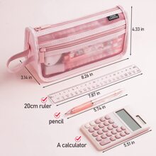 Grid Mesh Pencil Case with Handle and Zipper, Clear Double-layer Pencil Pouch Marker Pouch, Travel Makeup Bag, Cute Transparent Organizer Pen Bag for Adult Office College - 粉色 - 查看 4