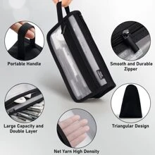 Grid Mesh Pencil Case with Handle and Zipper, Clear Double-layer Pencil Pouch Marker Pouch, Travel Makeup Bag, Cute Transparent Organizer Pen Bag for Adult Office College - Black - View 2