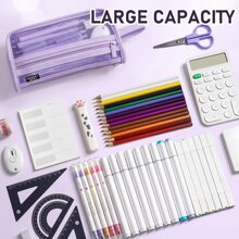 Grid Mesh Pencil Case with Handle and Zipper, Clear Double-layer Pencil Pouch Marker Pouch, Travel Makeup Bag, Cute Transparent Organizer Pen Bag for Adult Office College - Màu tím - Xem 5
