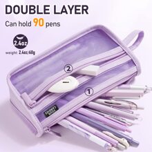 Grid Mesh Pencil Case with Handle and Zipper, Clear Double-layer Pencil Pouch Marker Pouch, Travel Makeup Bag, Cute Transparent Organizer Pen Bag for Adult Office College - Màu tím - Xem 3