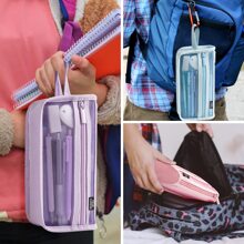 Grid Mesh Pencil Case with Handle and Zipper, Clear Double-layer Pencil Pouch Marker Pouch, Travel Makeup Bag, Cute Transparent Organizer Pen Bag for Adult Office College - Màu tím - Xem 7