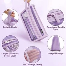 Grid Mesh Pencil Case with Handle and Zipper, Clear Double-layer Pencil Pouch Marker Pouch, Travel Makeup Bag, Cute Transparent Organizer Pen Bag for Adult Office College - Màu tím - Xem 2