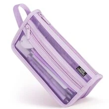 Grid Mesh Pencil Case with Handle and Zipper, Clear Double-layer Pencil Pouch Marker Pouch, Travel Makeup Bag, Cute Transparent Organizer Pen Bag for Adult Office College - Màu tím - Xem 1
