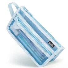 Grid Mesh Pencil Case with Handle and Zipper, Clear Double-layer Pencil Pouch Marker Pouch, Travel Makeup Bag, Cute Transparent Organizer Pen Bag for Adult Office College - 藍色 - 查看 1