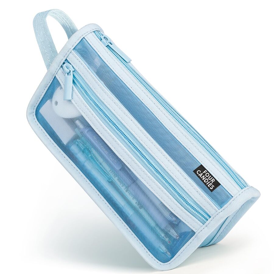 Grid Mesh Pencil Case with Handle and Zipper, Clear Double-layer Pencil Pouch Marker Pouch, Travel Makeup Bag, Cute Transparent Organizer Pen Bag for Adult Office College - 藍色 - 查看 1