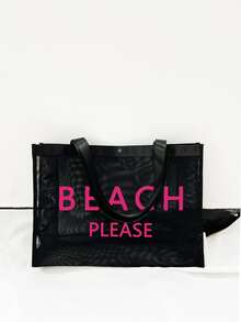 信封式網布袋，超大號網購手提袋，可重複使用購物袋，輕便，大容量，可攜式網海灘袋，最適合家庭旅行、假期、海灘、露營和徒步旅行，最適合海灘氛圍的女士手袋 - 黑色 - 查看 2