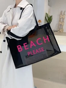 信封式網布袋，超大號網購手提袋，可重複使用購物袋，輕便，大容量，可攜式網海灘袋，最適合家庭旅行、假期、海灘、露營和徒步旅行，最適合海灘氛圍的女士手袋 - 黑色 - 查看 3