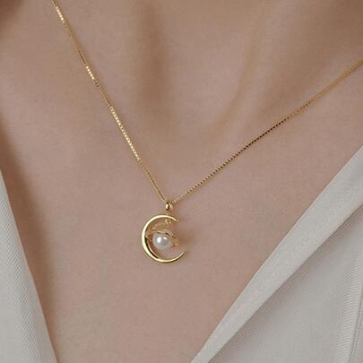 1件訂製款，優雅的S925純銀星月項鍊，飾以假珍珠和鎖骨鏈，適用於女性，生日禮物或節日禮物