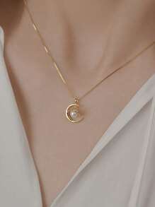 1pc Personalized & Elegant S925 Sterling Silver Star & Moon Pendant With Faux Pearl & Clavicle Chain Necklace For Women, Birthday Gift Holiday