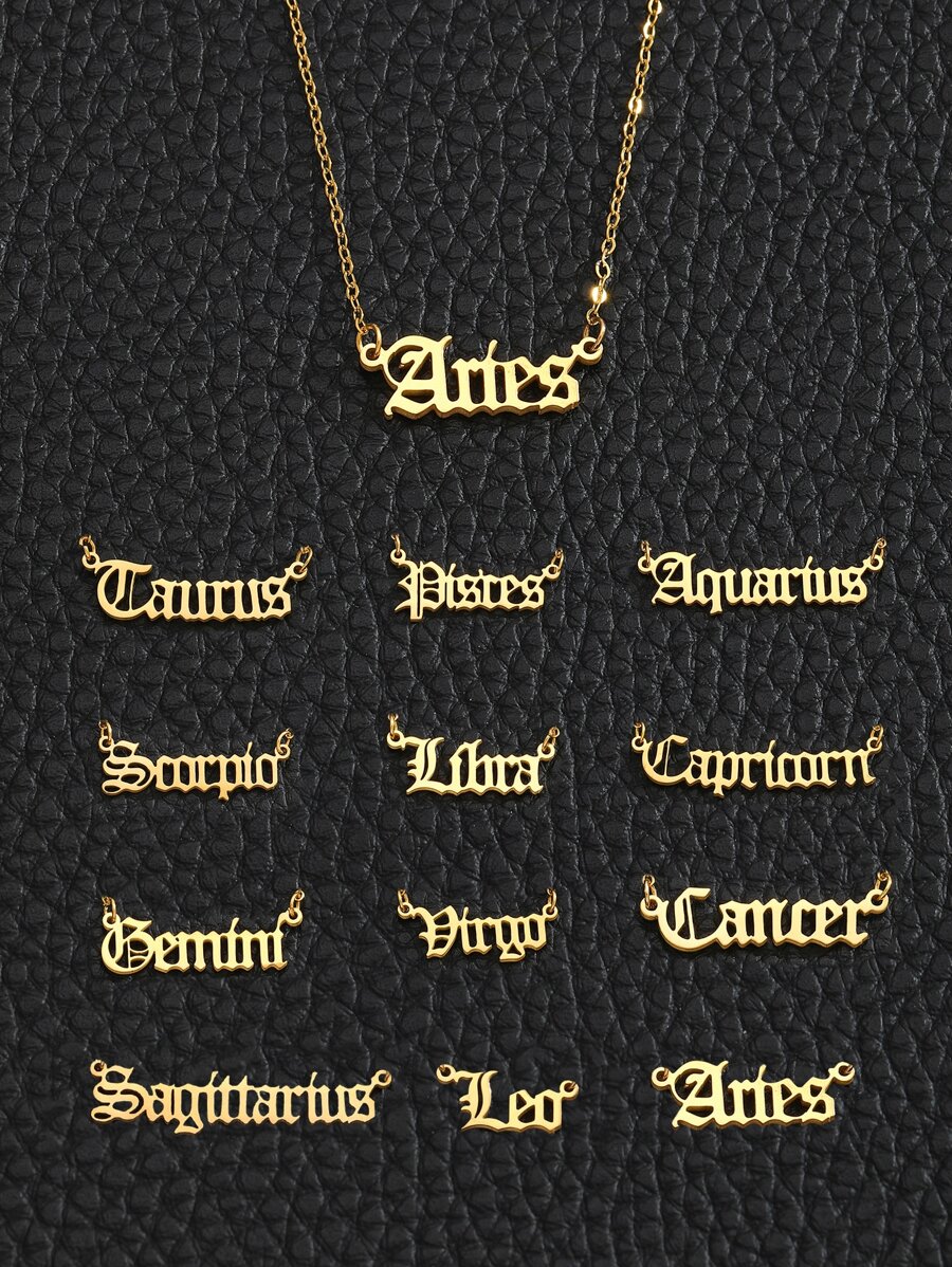 1 件青少年时尚 12 星座英文字母吊坠项链不锈钢饰品街头配饰日常装饰 - 金黃色 - 查看 1