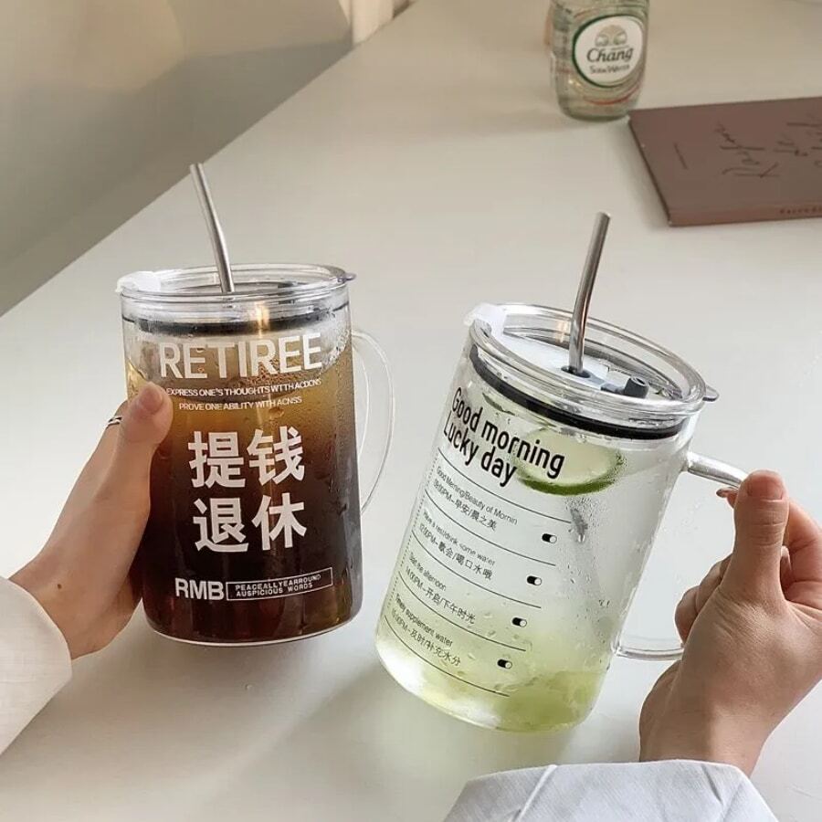 Große Glas-Tasse 500ml Mit Deckel - Hasen & Blumen Design Für Tee & Kaffee