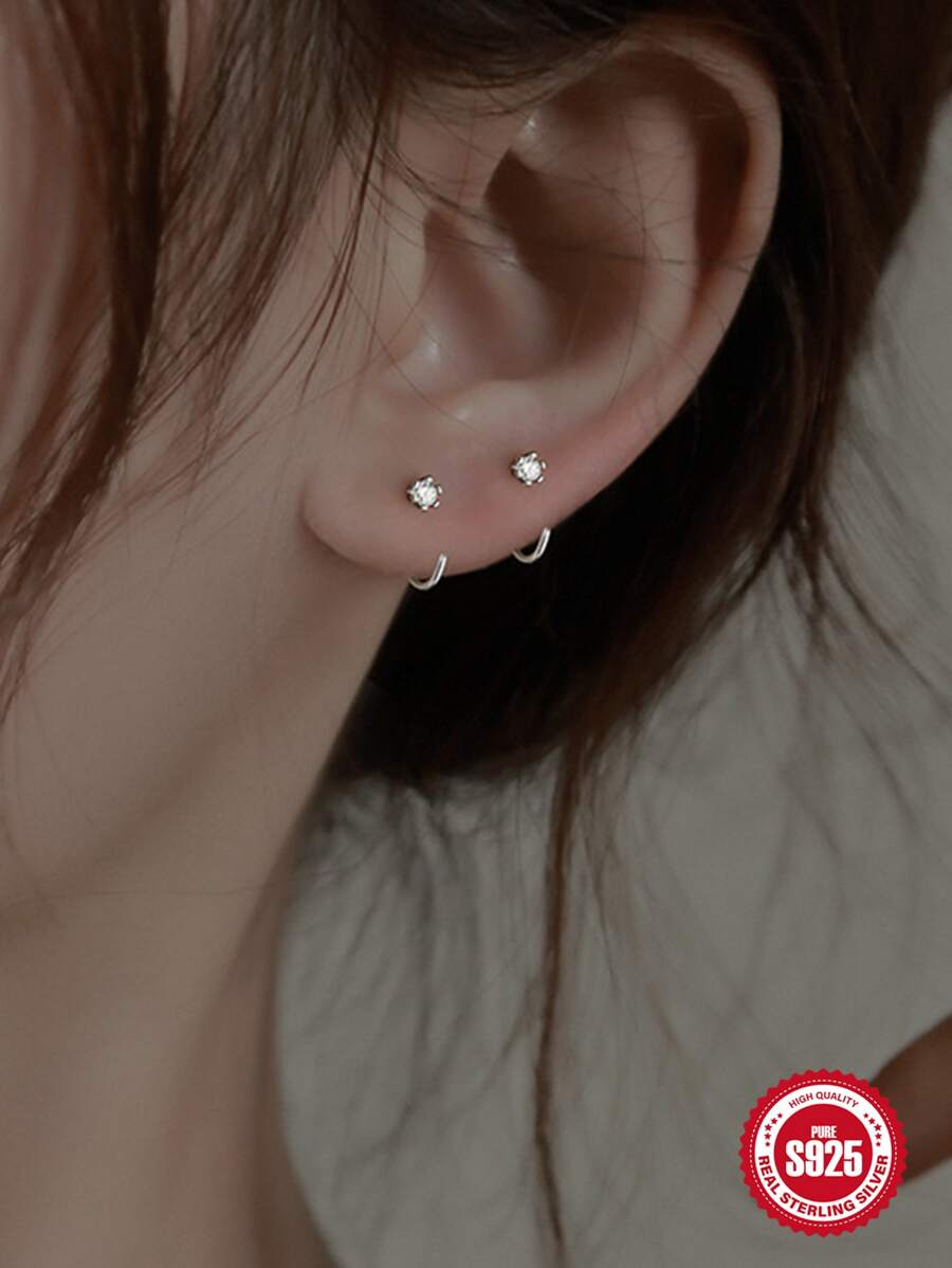 1 對 925 純銀韓式時尚水鑽鑲嵌六爪耳鉤耳環女式夏季海灘派對立方氧化鋯耳環禮物