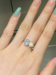 1 Miếng Sang trọng Cao-kết thúc S925 Bạc nguyên chất 5A Khối Zirconia  Pha lê Trân châu Nhẫn Hằng ngày Đồ trang trí Nhẫn Đối với phụ nữ Tốt Đồ trang sức Qủa tặng - Bạc - Xem 3