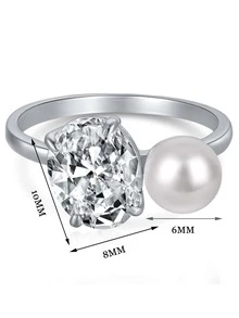 1 Miếng Sang trọng Cao-kết thúc S925 Bạc nguyên chất 5A Khối Zirconia  Pha lê Trân châu Nhẫn Hằng ngày Đồ trang trí Nhẫn Đối với phụ nữ Tốt Đồ trang sức Qủa tặng - Bạc - Xem 2