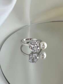 1 Miếng Sang trọng Cao-kết thúc S925 Bạc nguyên chất 5A Khối Zirconia  Pha lê Trân châu Nhẫn Hằng ngày Đồ trang trí Nhẫn Đối với phụ nữ Tốt Đồ trang sức Qủa tặng - Bạc - Xem 9