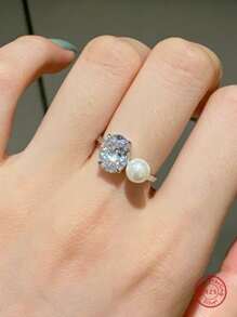 1 Miếng Sang trọng Cao-kết thúc S925 Bạc nguyên chất 5A Khối Zirconia  Pha lê Trân châu Nhẫn Hằng ngày Đồ trang trí Nhẫn Đối với phụ nữ Tốt Đồ trang sức Qủa tặng - Bạc - Xem 1