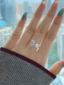 1 Miếng Sang trọng Cao-kết thúc S925 Bạc nguyên chất 5A Khối Zirconia  Pha lê Trân châu Nhẫn Hằng ngày Đồ trang trí Nhẫn Đối với phụ nữ Tốt Đồ trang sức Qủa tặng - Bạc - Xem 6