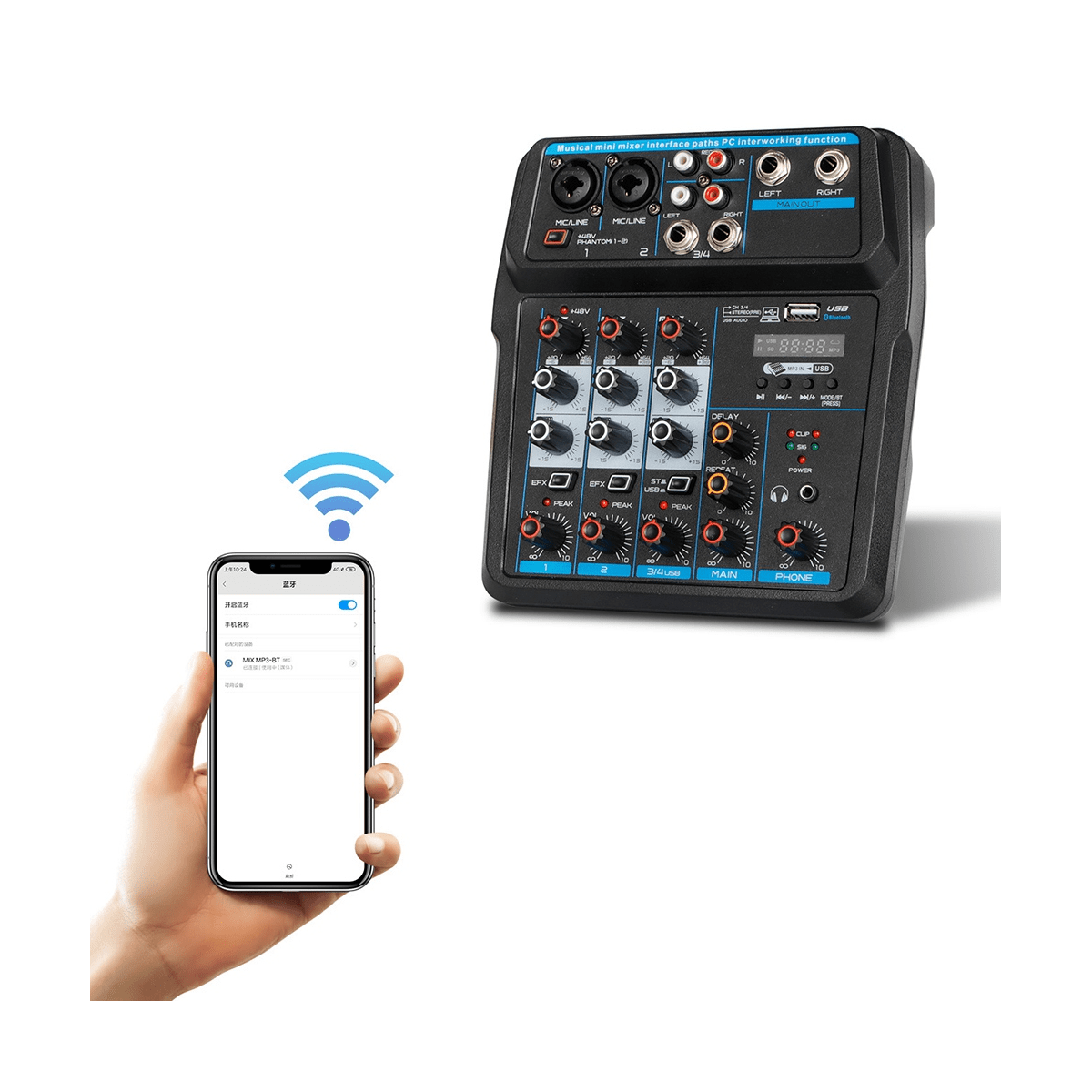 Sound Mixing Console Bluetooth USB Record Computer 48V Phantom Supply