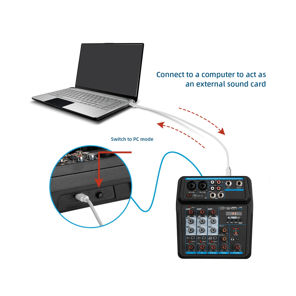 Sound Mixing Console Bluetooth USB Record Computer 48V Phantom Supply