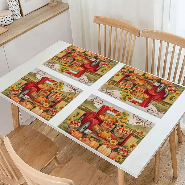 4pcs Autumn Pumpkin Truck & Sunflowers Printed Linen Placemats For Thanksgiving